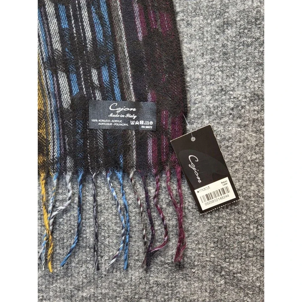 Cejon Scarf Women One Size Black Multicolor Floral Stripe Fringe Knit Italy Luxe